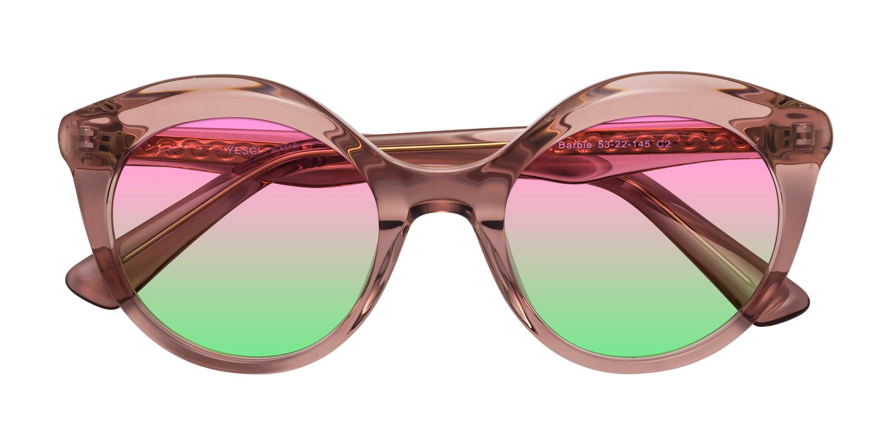 Folded Front of Barbie in Translucent Garnet with Pink / Green Gradient Lenses