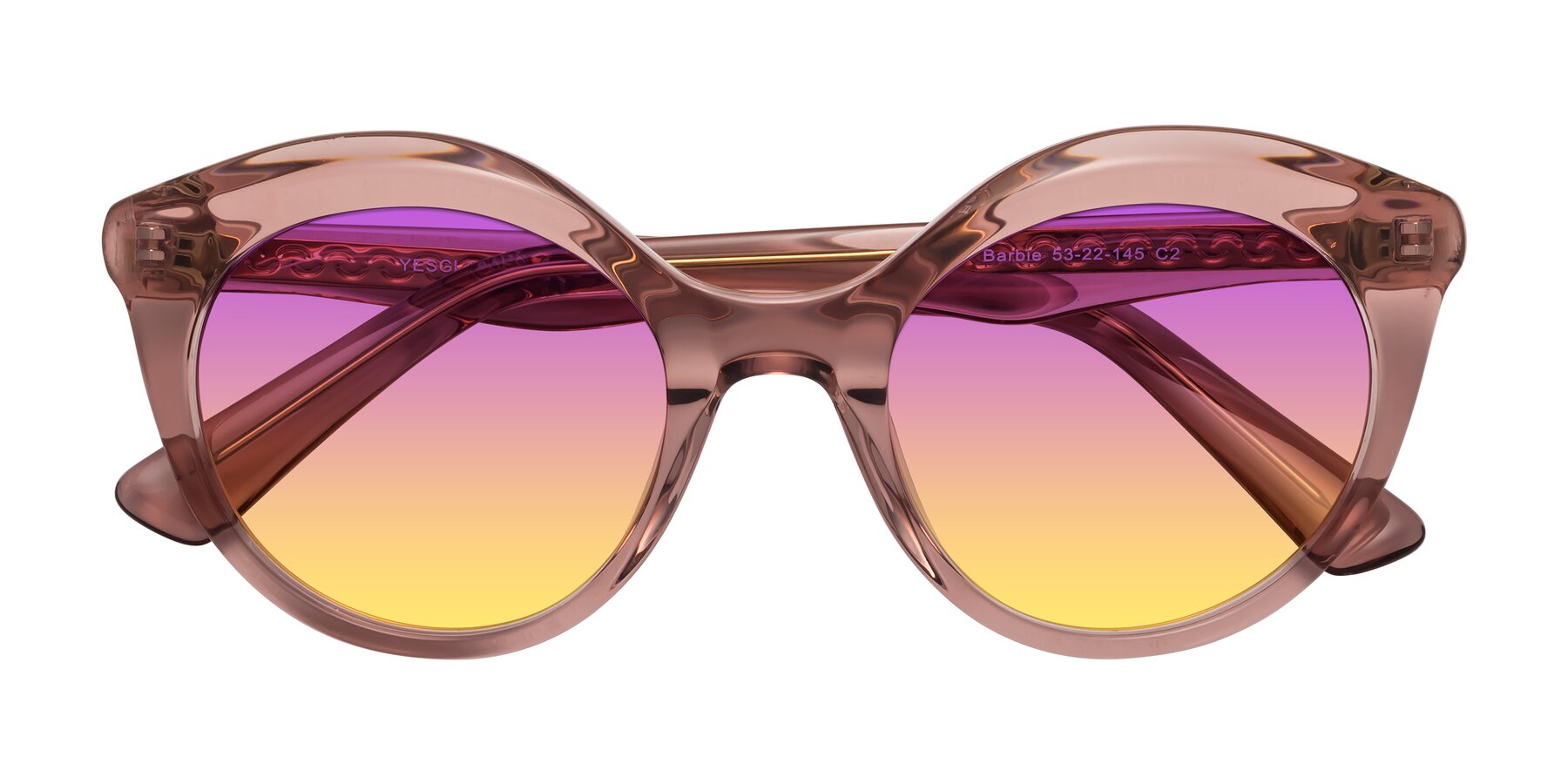 Folded Front of Barbie in Translucent Garnet with Purple / Yellow Gradient Lenses