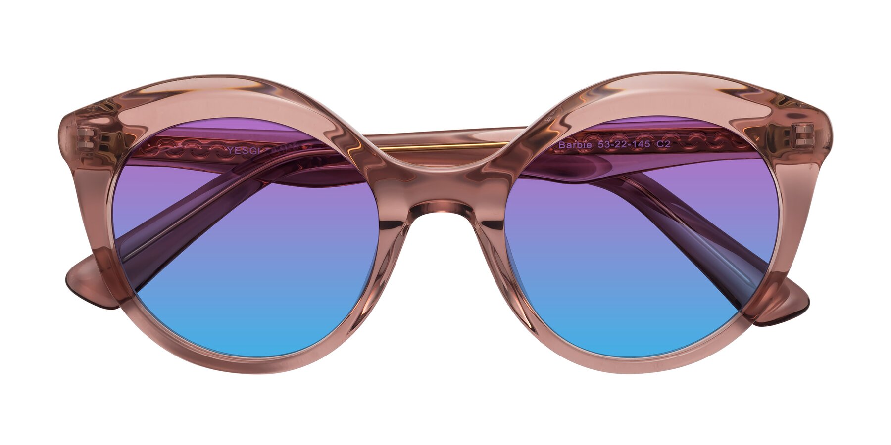 Folded Front of Barbie in Translucent Garnet with Purple / Blue Gradient Lenses