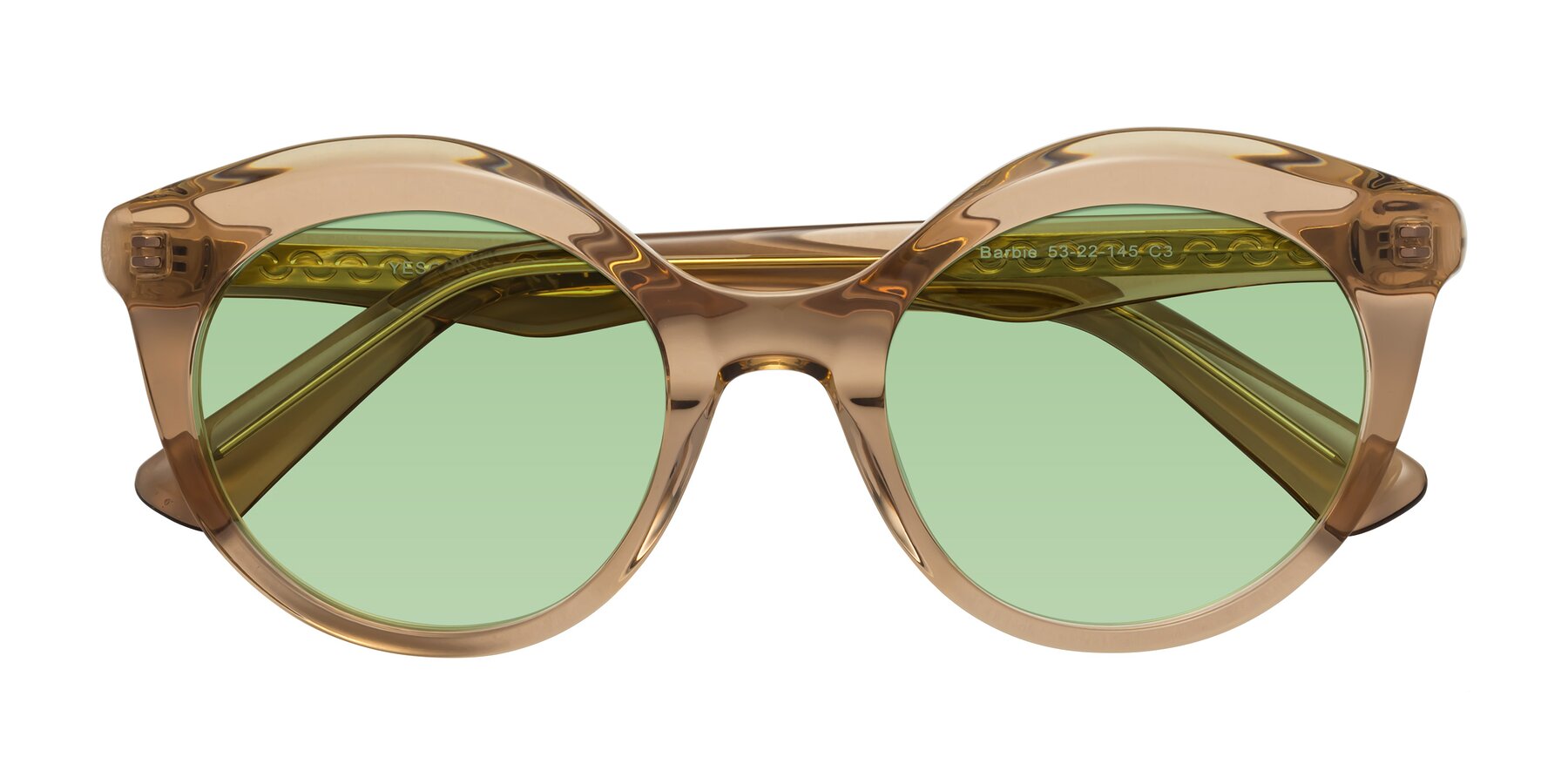 Folded Front of Barbie in Translucent Brown with Medium Green Tinted Lenses