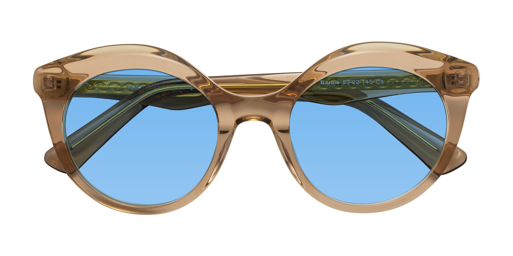 Folded Front of Barbie in Translucent Brown with Medium Blue Tinted Lenses