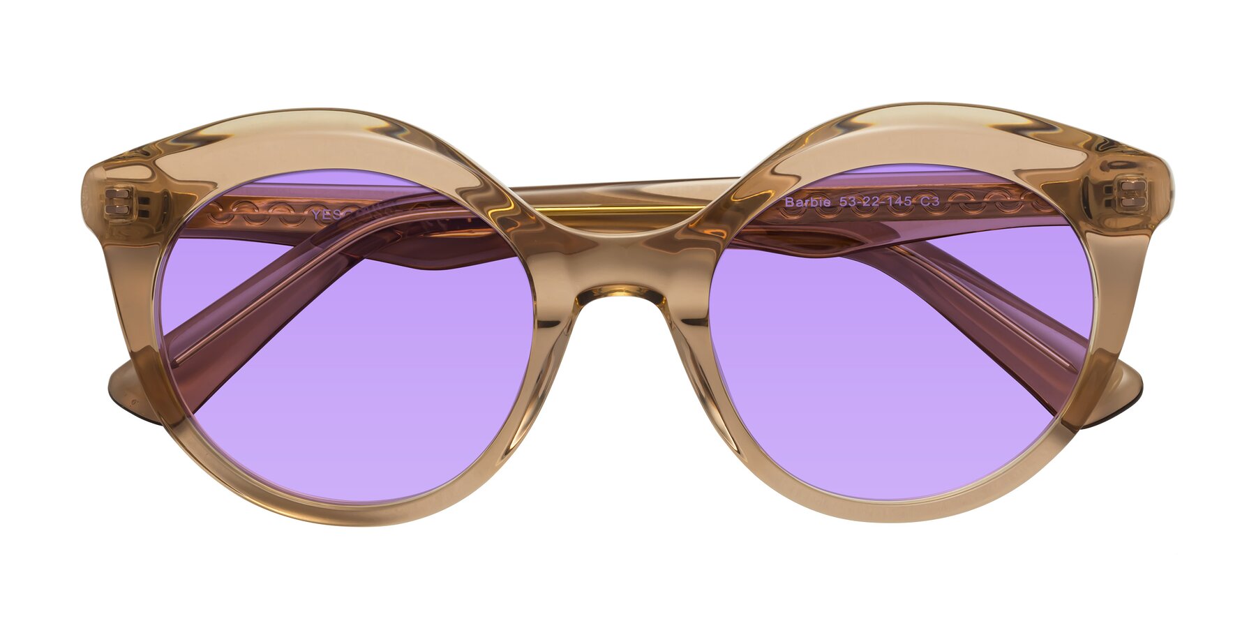 Folded Front of Barbie in Translucent Brown with Medium Purple Tinted Lenses