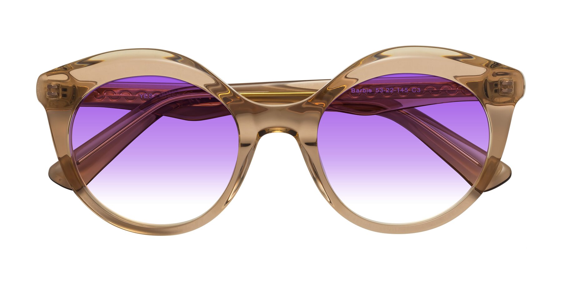 Folded Front of Barbie in Translucent Brown with Purple Gradient Lenses