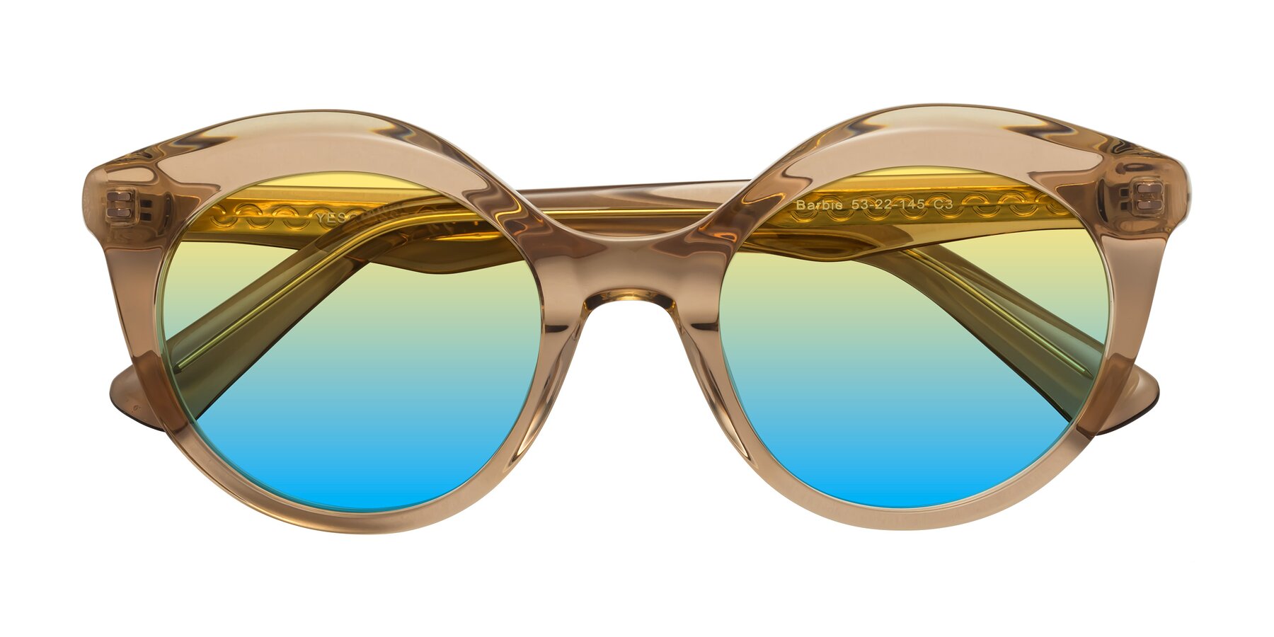 Folded Front of Barbie in Translucent Brown with Yellow / Blue Gradient Lenses