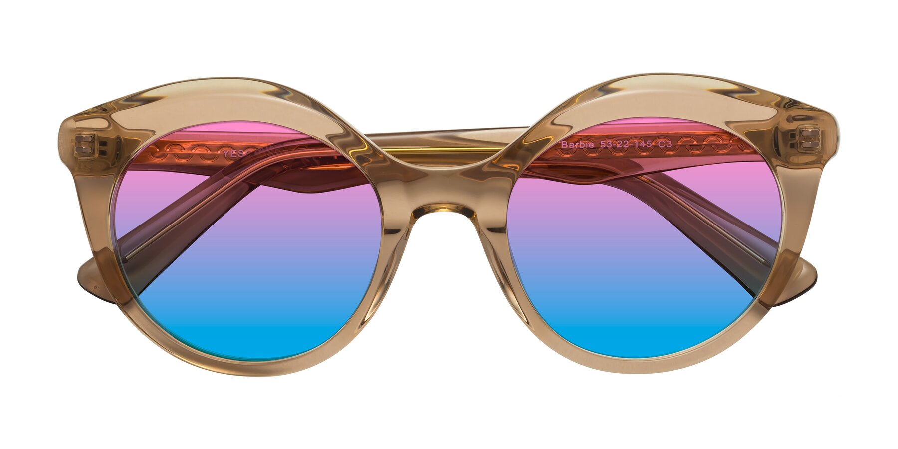 Folded Front of Barbie in Translucent Brown with Pink / Blue Gradient Lenses