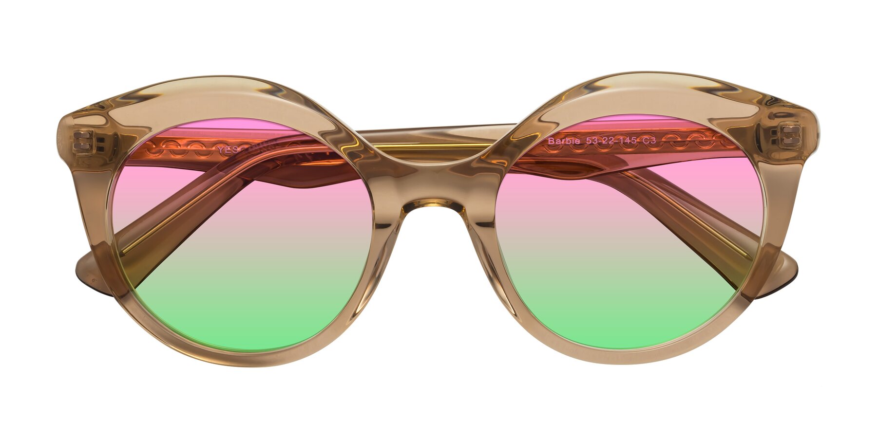 Folded Front of Barbie in Translucent Brown with Pink / Green Gradient Lenses