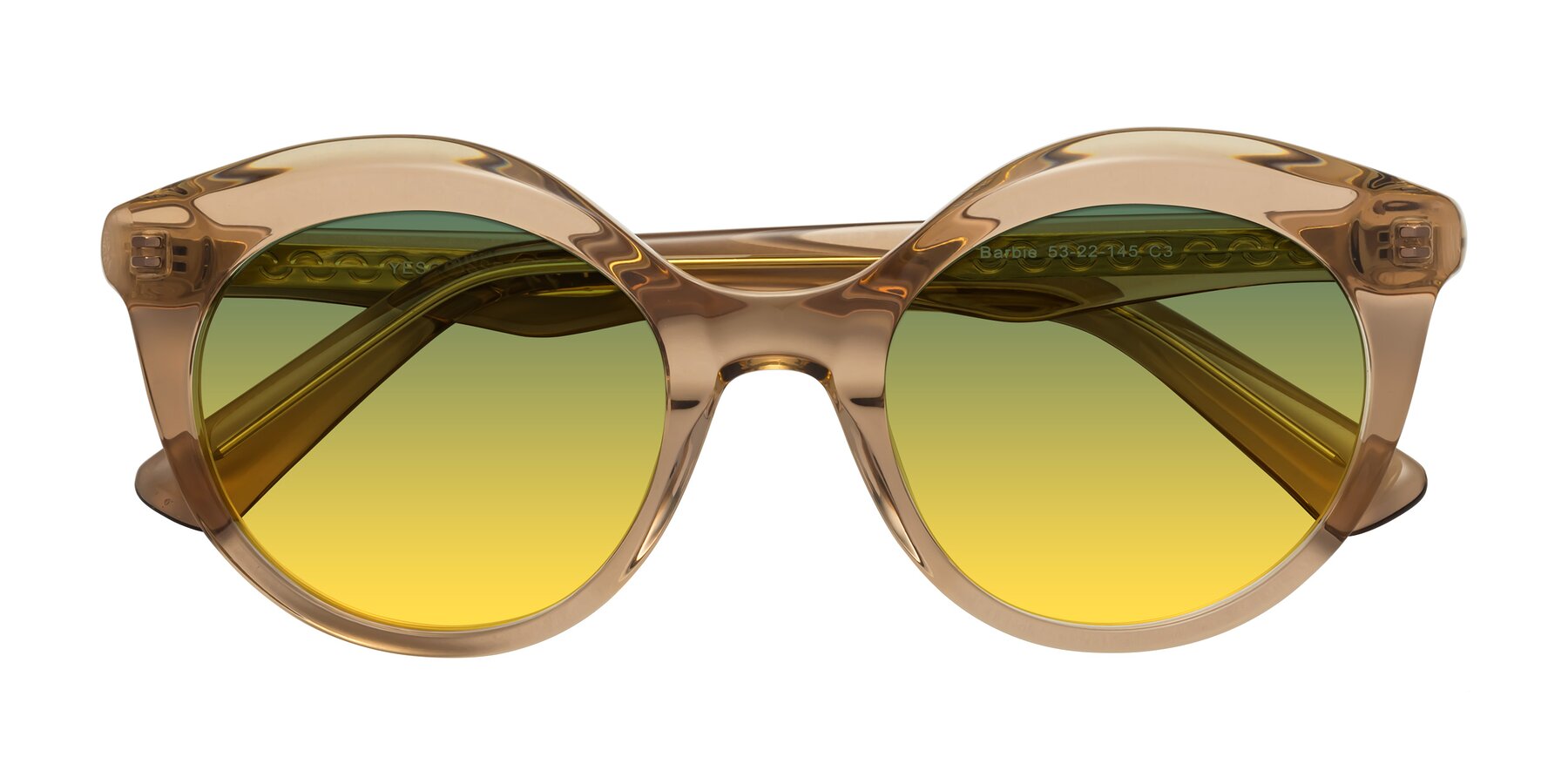 Folded Front of Barbie in Translucent Brown with Green / Yellow Gradient Lenses