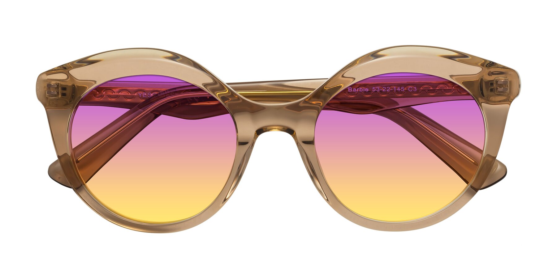 Folded Front of Barbie in Translucent Brown with Purple / Yellow Gradient Lenses