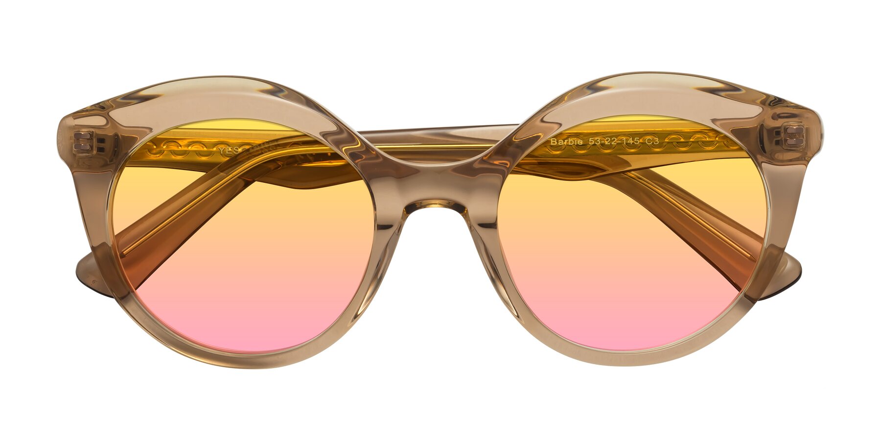 Folded Front of Barbie in Translucent Brown with Yellow / Pink Gradient Lenses