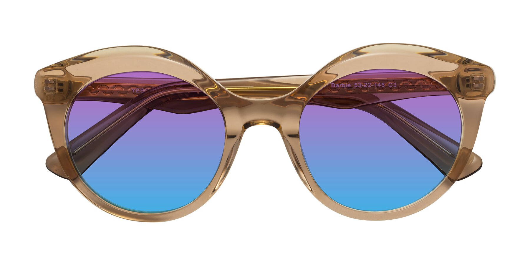 Folded Front of Barbie in Translucent Brown with Purple / Blue Gradient Lenses