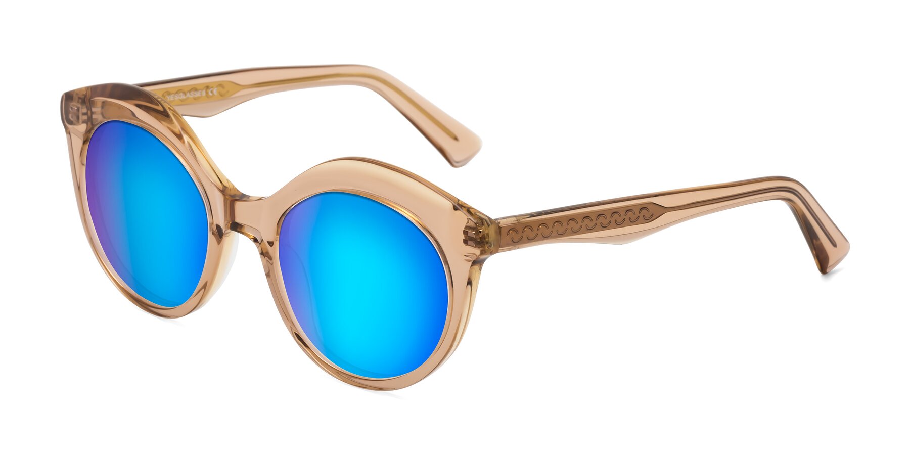 Angle of Barbie in Translucent Brown with Blue Mirrored Lenses