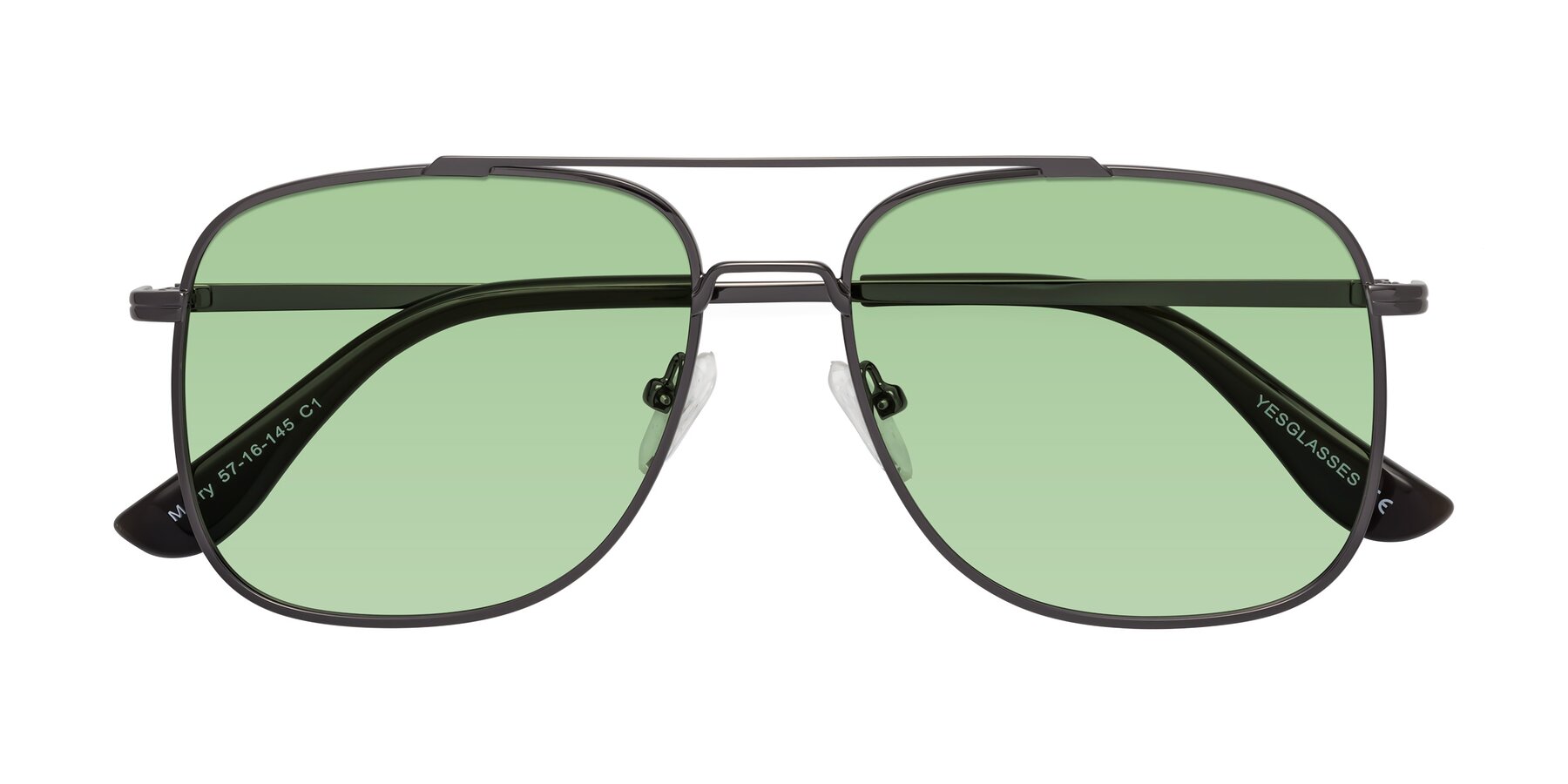 Folded Front of Merry in Gunmetal with Medium Green Tinted Lenses