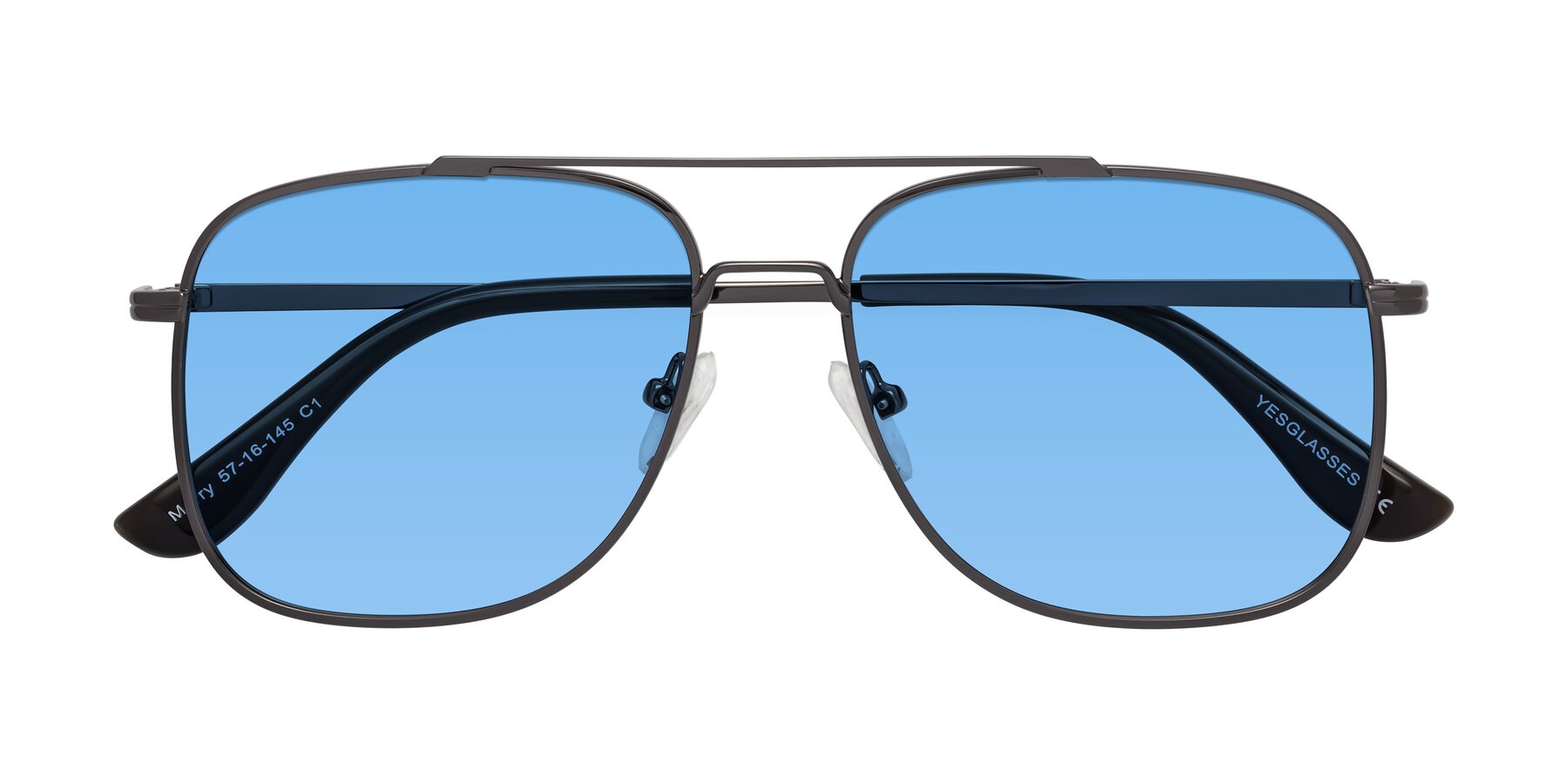 Folded Front of Merry in Gunmetal with Medium Blue Tinted Lenses