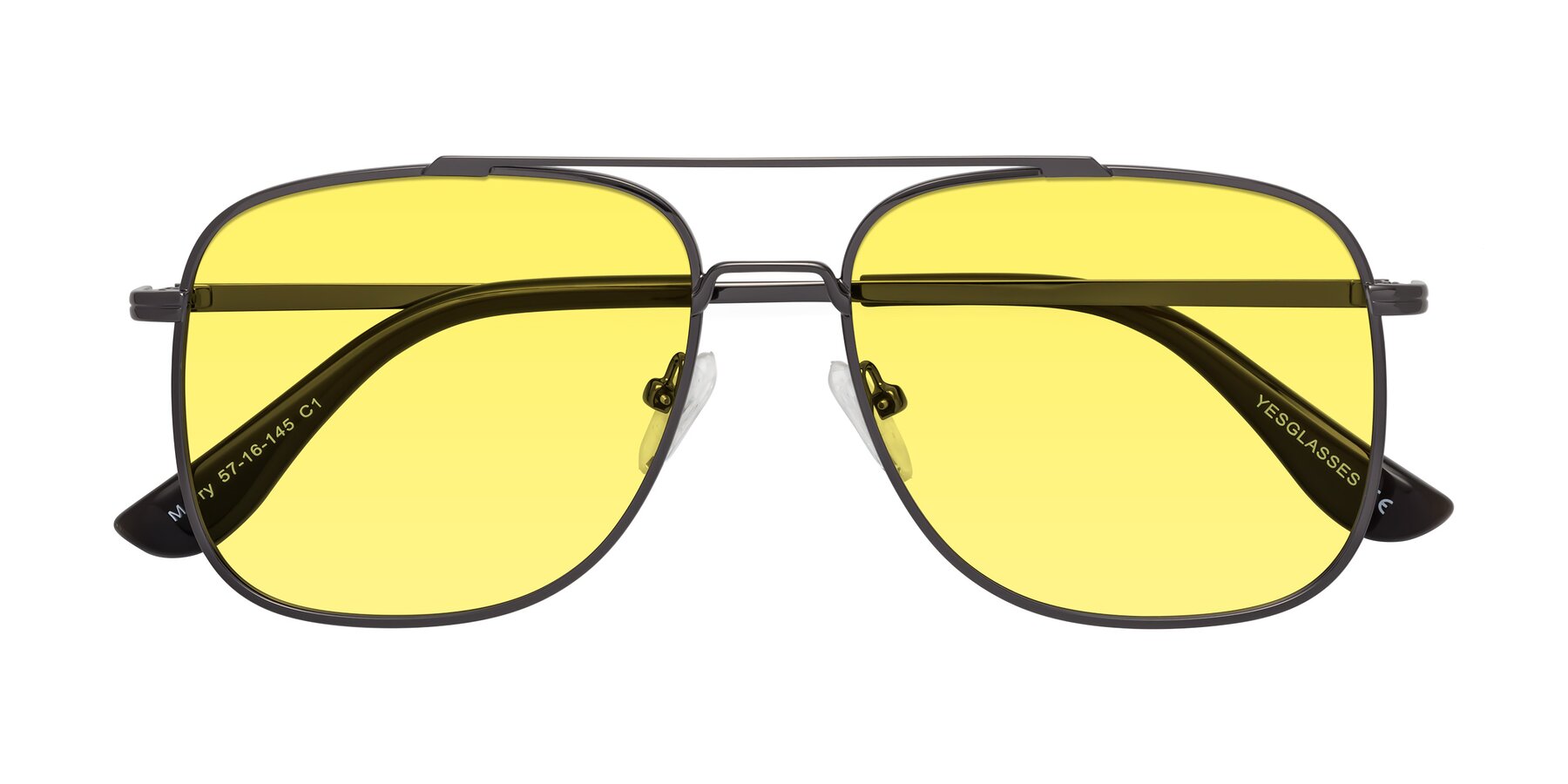 Folded Front of Merry in Gunmetal with Medium Yellow Tinted Lenses