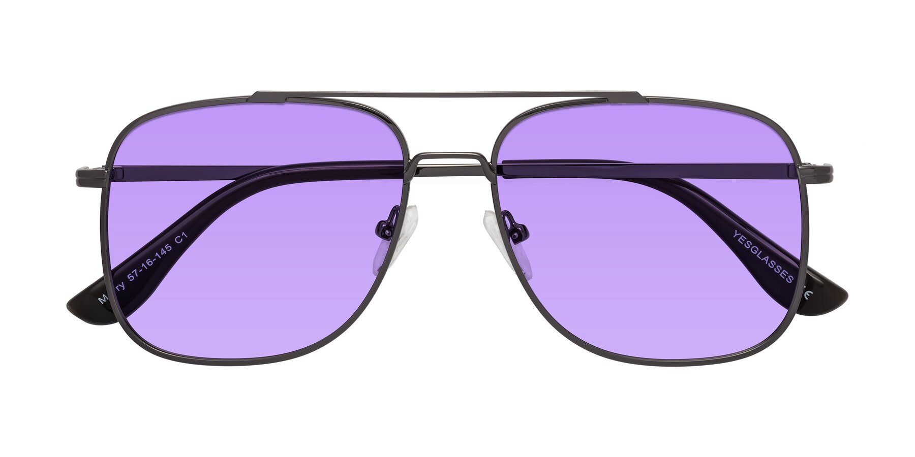 Folded Front of Merry in Gunmetal with Medium Purple Tinted Lenses