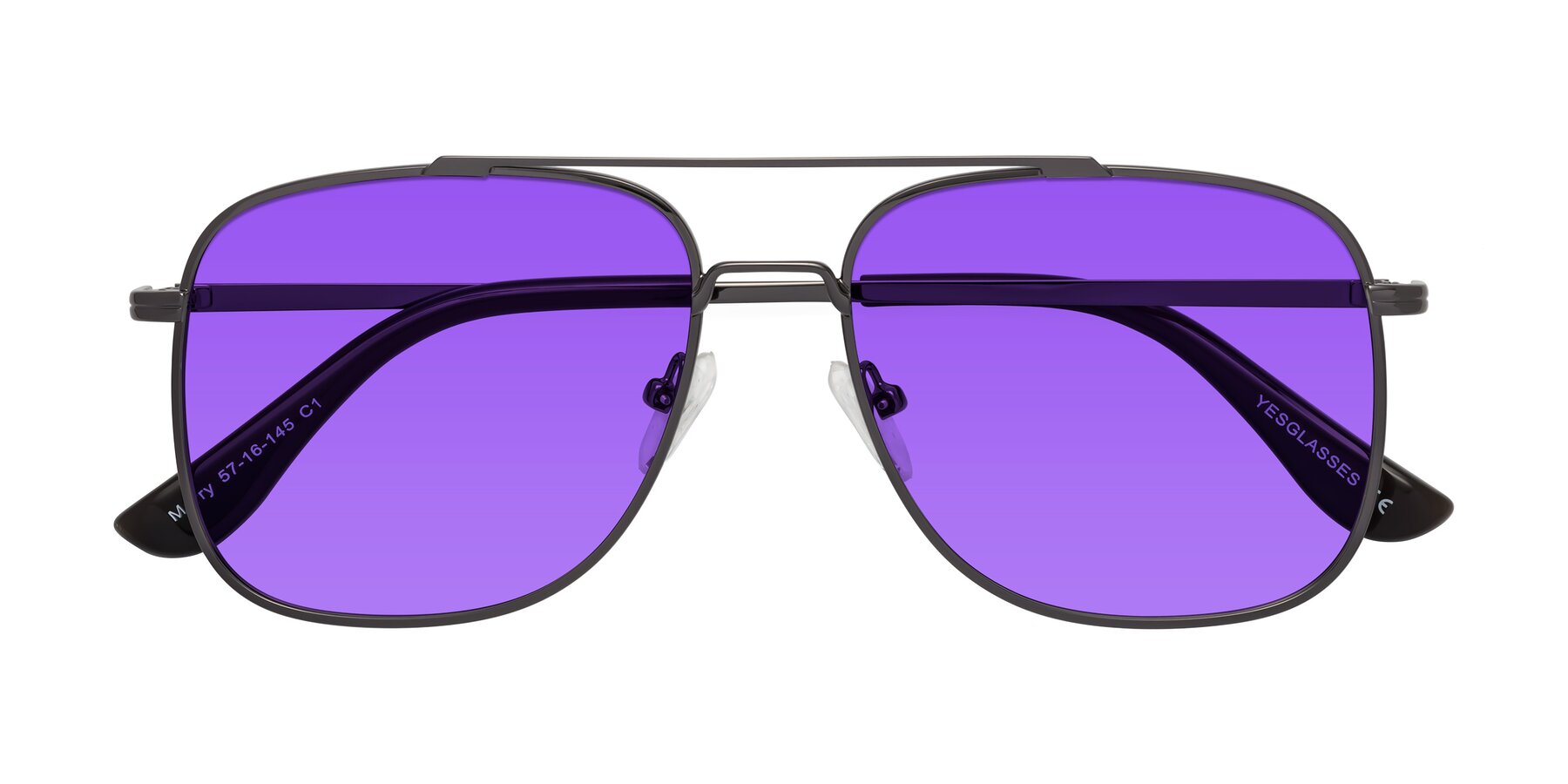 Folded Front of Merry in Gunmetal with Purple Tinted Lenses