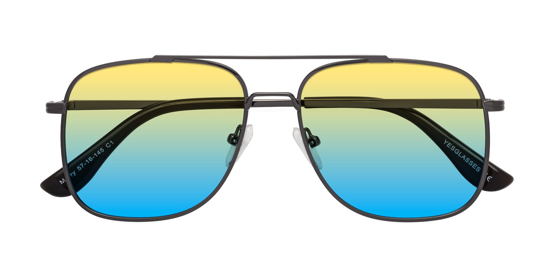 Folded Front of Merry in Gunmetal with Yellow / Blue Gradient Lenses