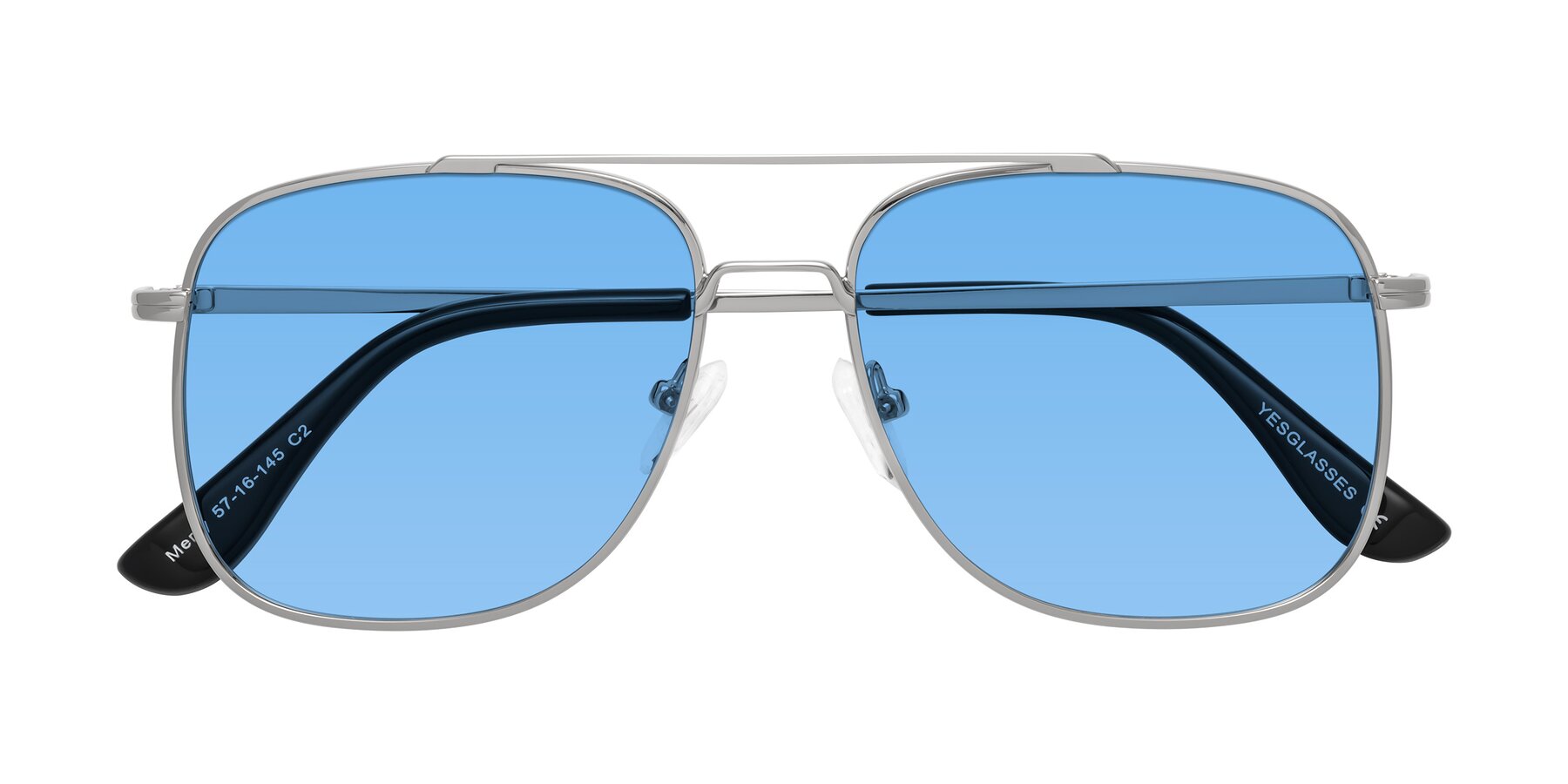 Folded Front of Merry in Silver with Medium Blue Tinted Lenses