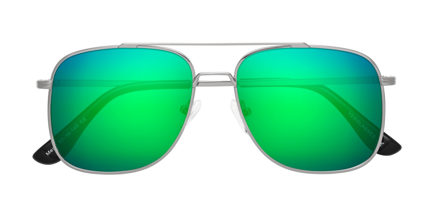 Folded Front of Merry in Silver with Green Mirrored Lenses