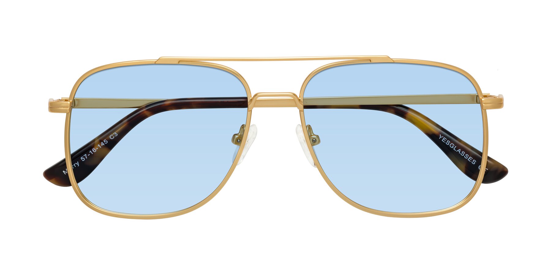 Folded Front of Merry in Matte Gold with Light Blue Tinted Lenses