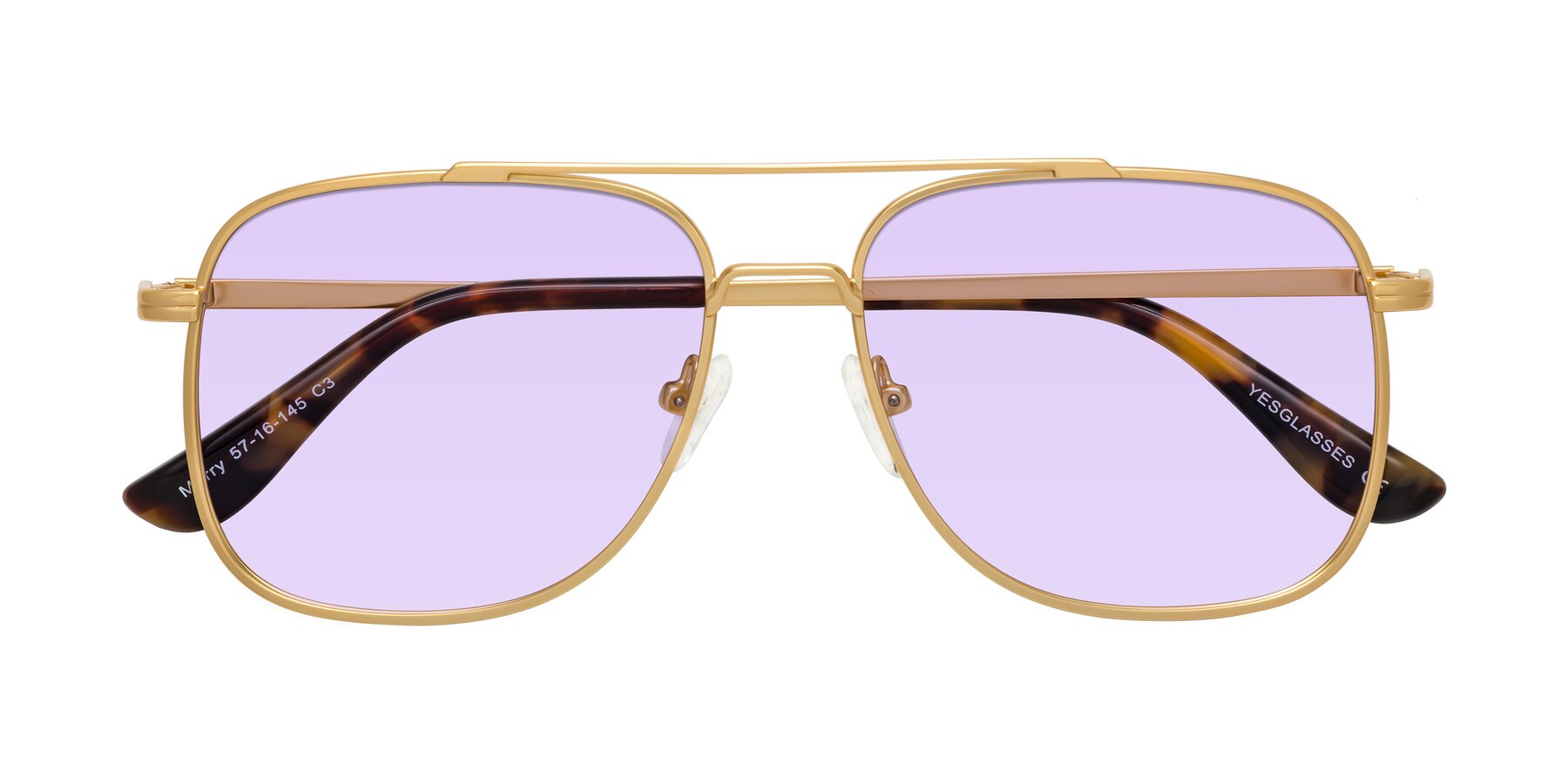 Folded Front of Merry in Matte Gold with Light Purple Tinted Lenses