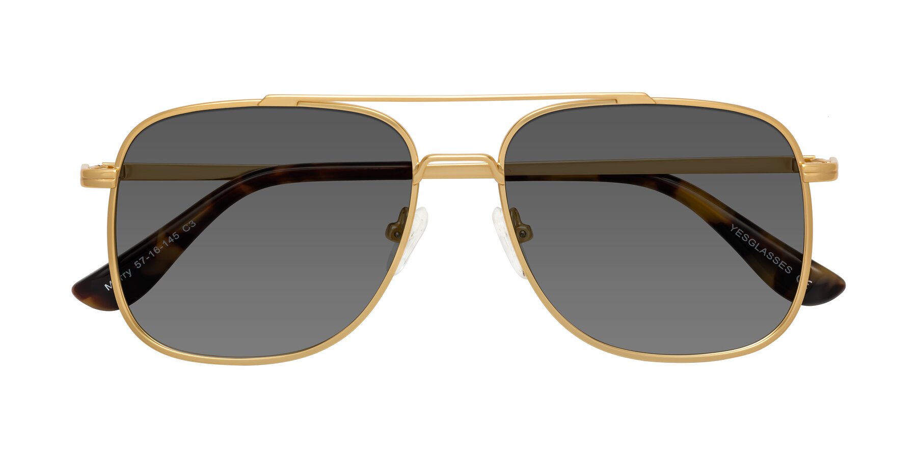 Folded Front of Merry in Matte Gold with Medium Gray Tinted Lenses