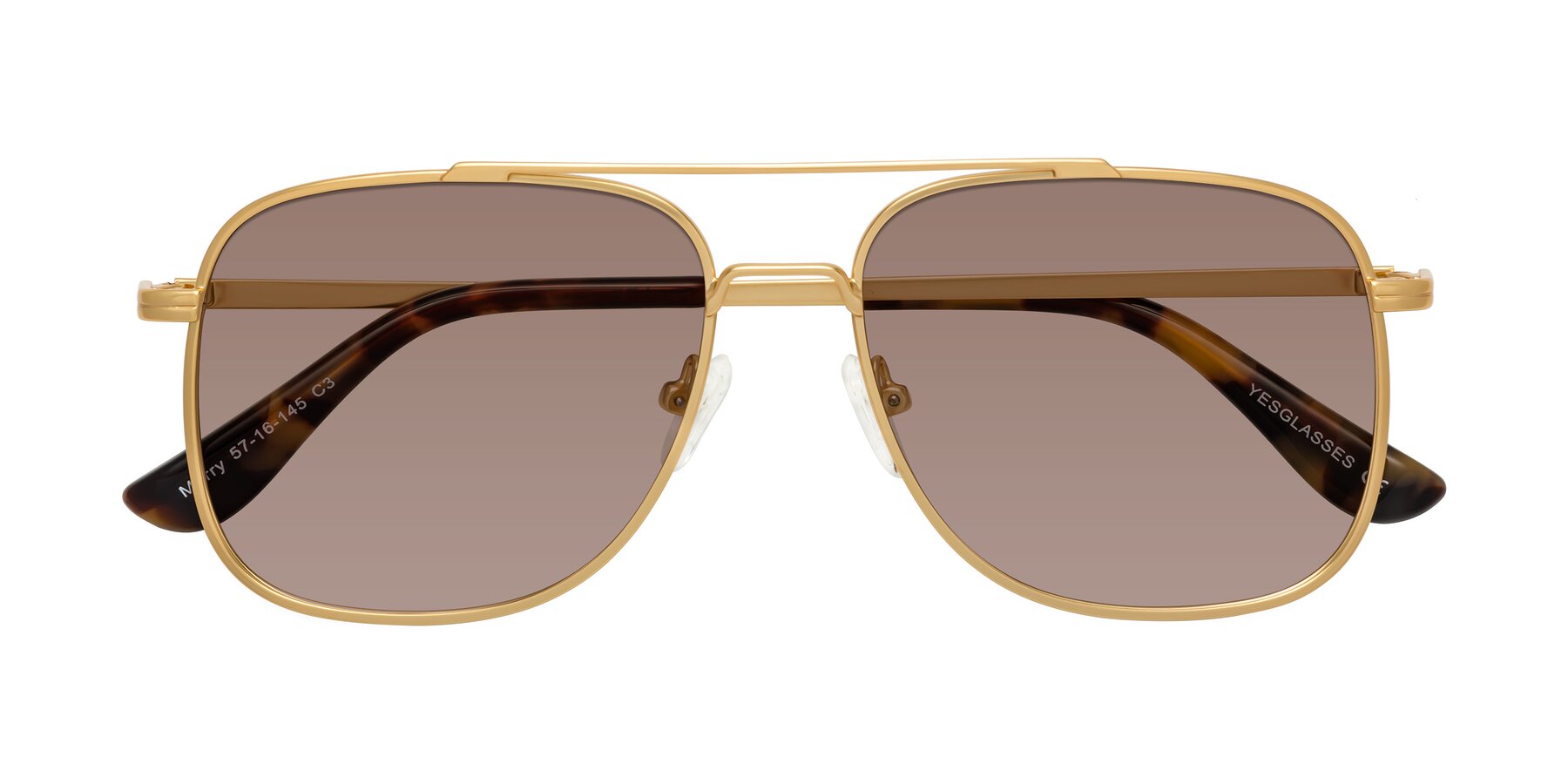 Folded Front of Merry in Matte Gold with Medium Brown Tinted Lenses