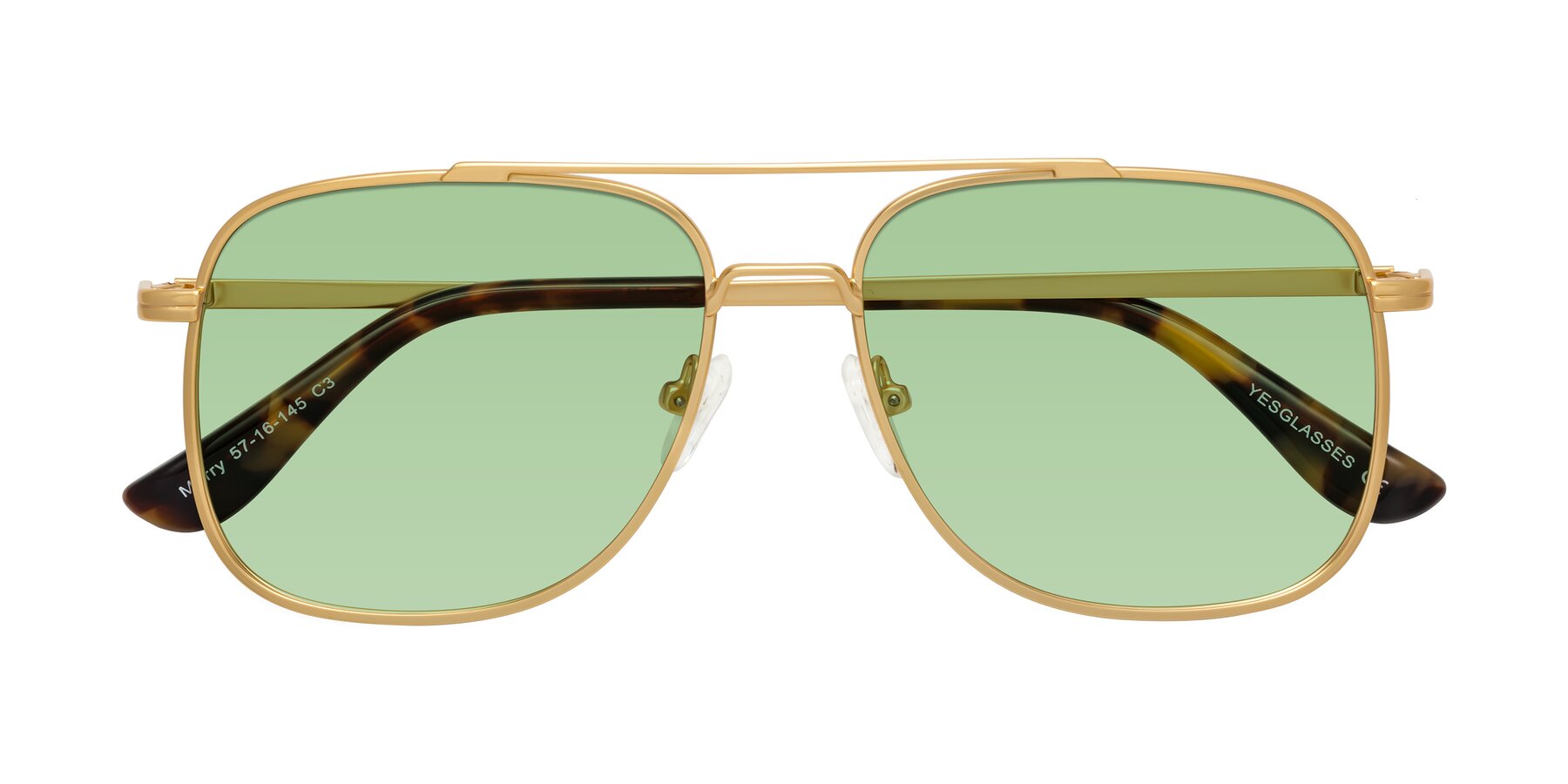 Folded Front of Merry in Matte Gold with Medium Green Tinted Lenses