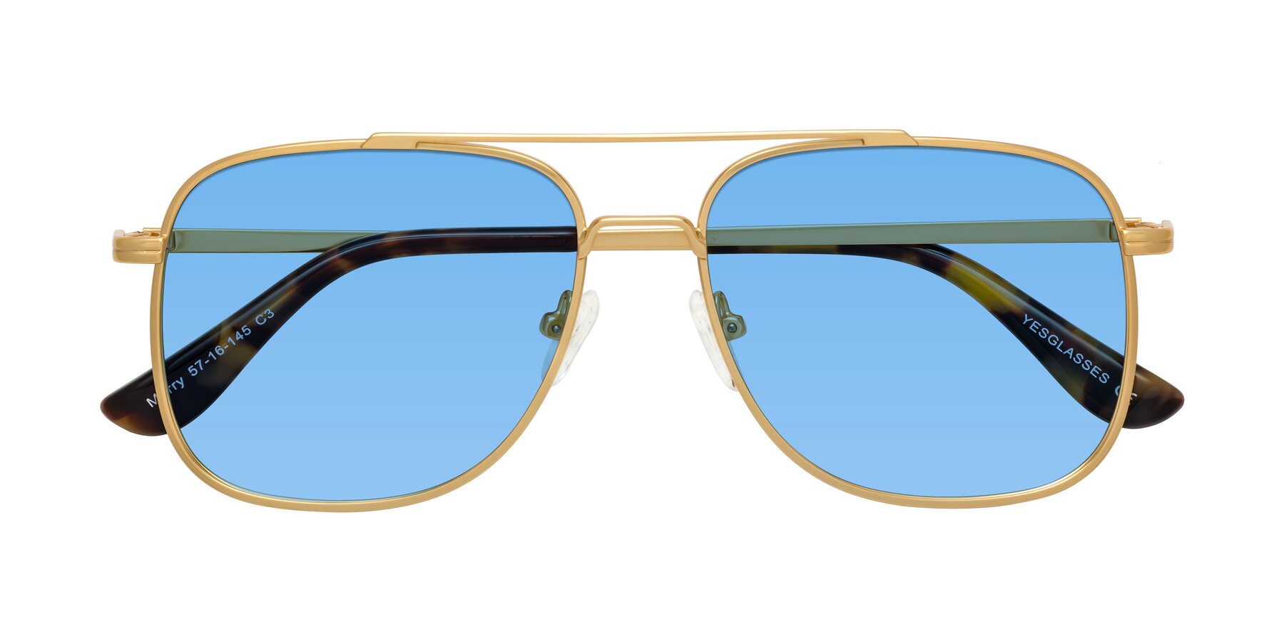 Folded Front of Merry in Matte Gold with Medium Blue Tinted Lenses