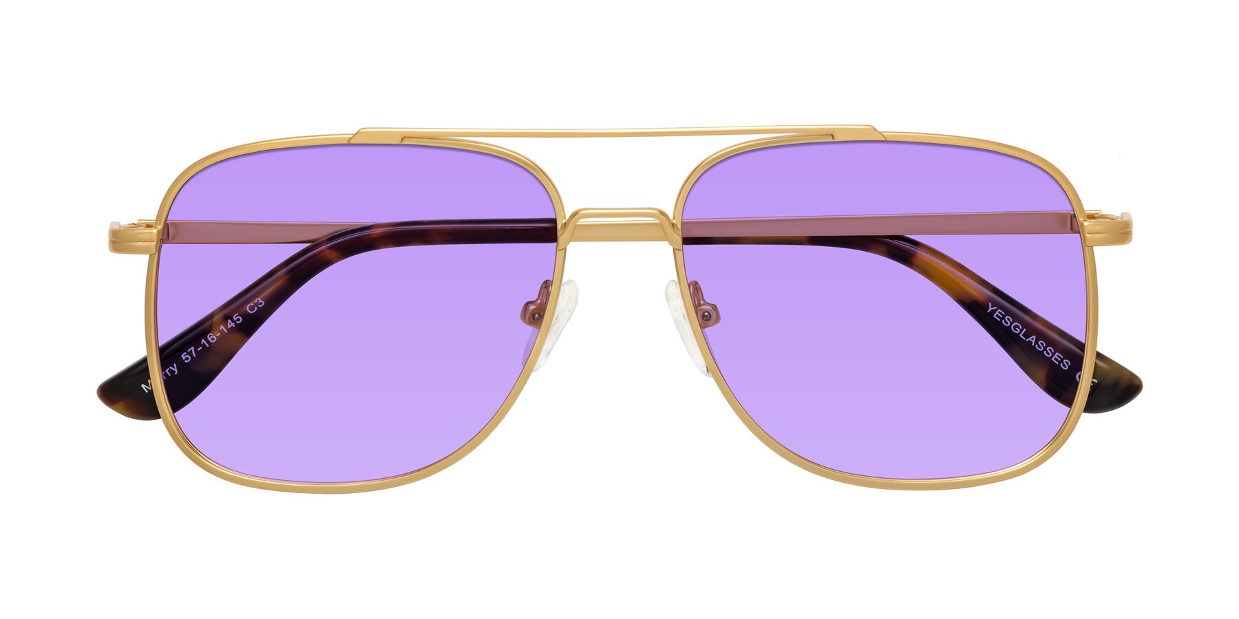 Folded Front of Merry in Matte Gold with Medium Purple Tinted Lenses