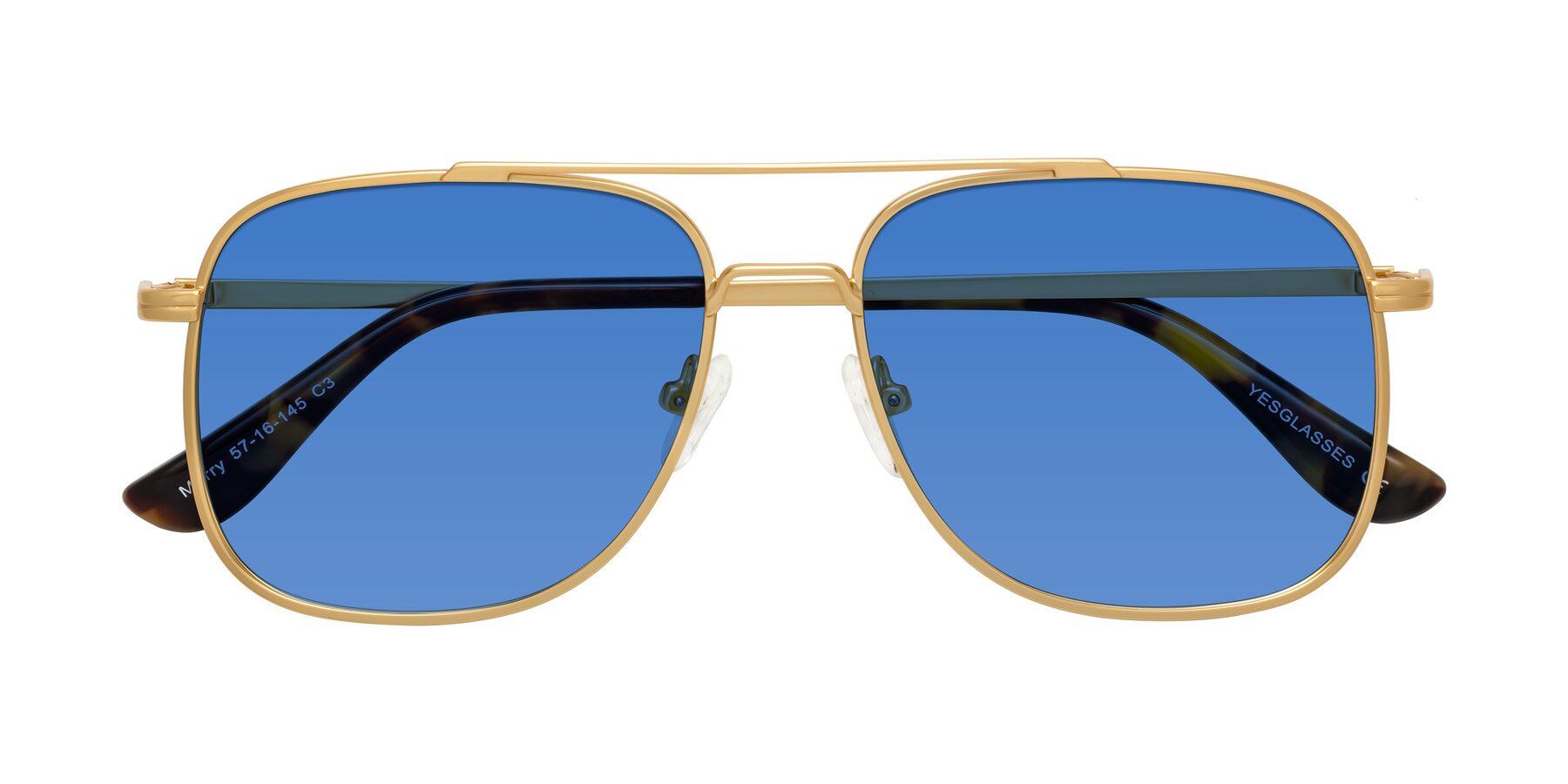 Folded Front of Merry in Matte Gold with Blue Tinted Lenses