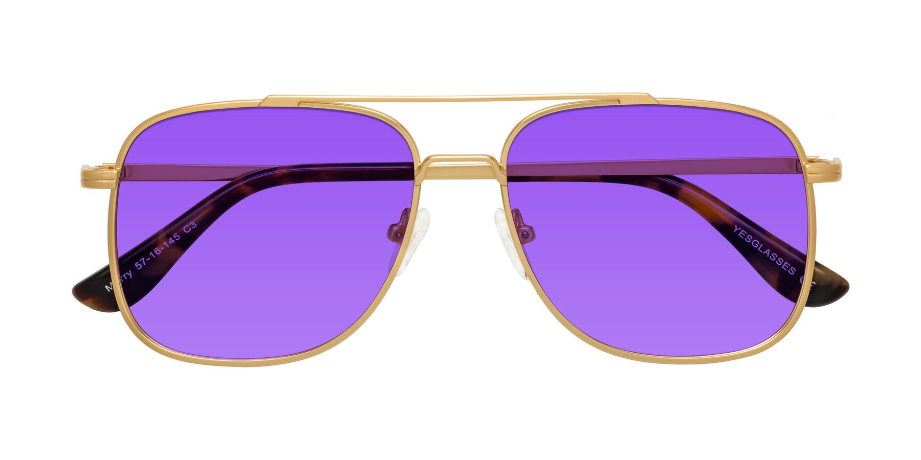 Folded Front of Merry in Matte Gold with Purple Tinted Lenses