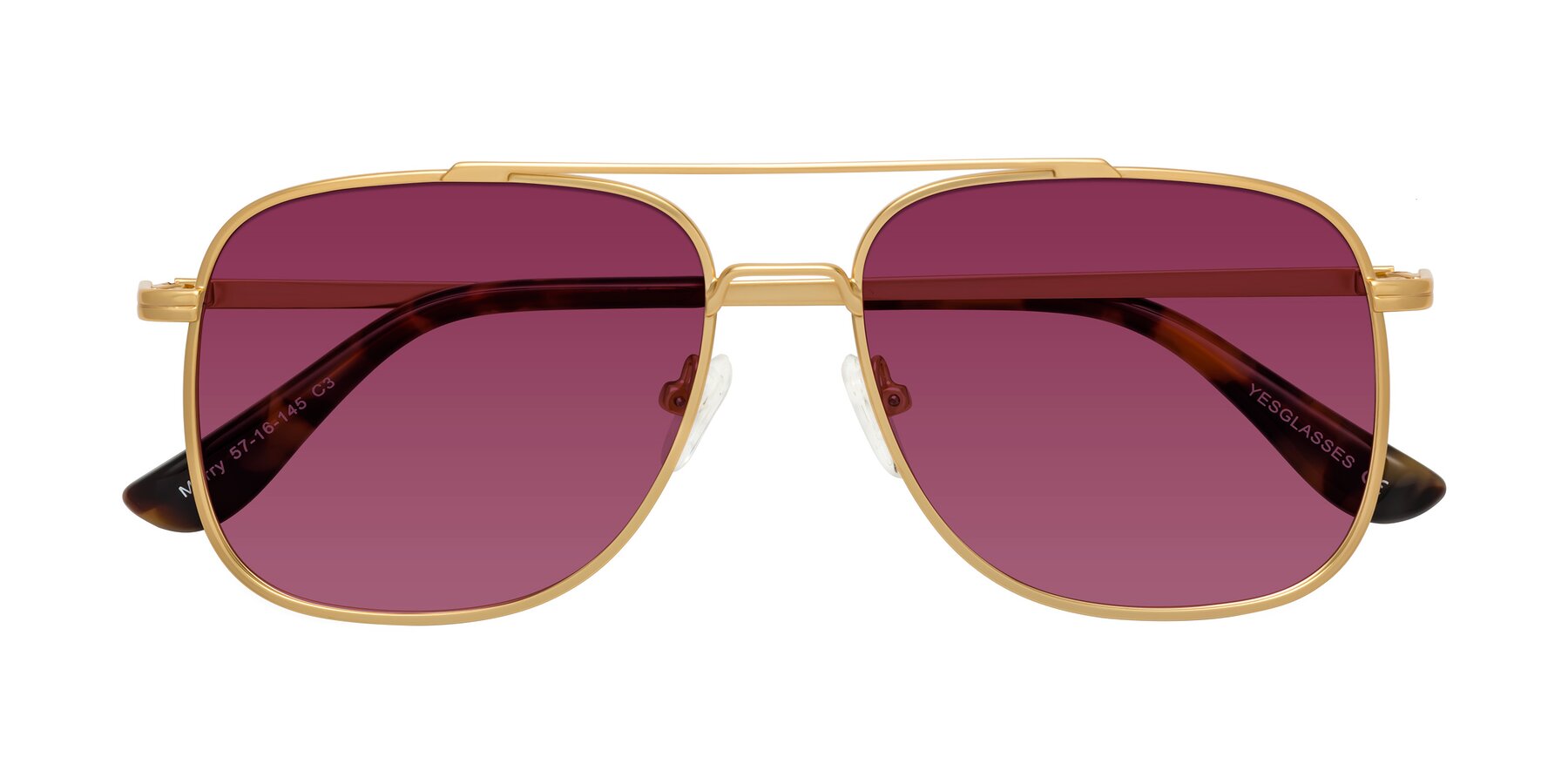 Folded Front of Merry in Matte Gold with Wine Tinted Lenses