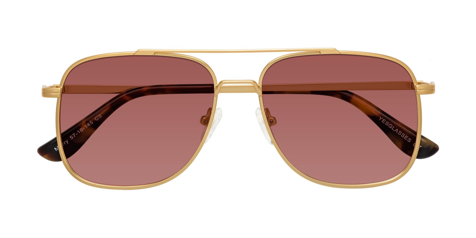 Folded Front of Merry in Matte Gold with Garnet Tinted Lenses