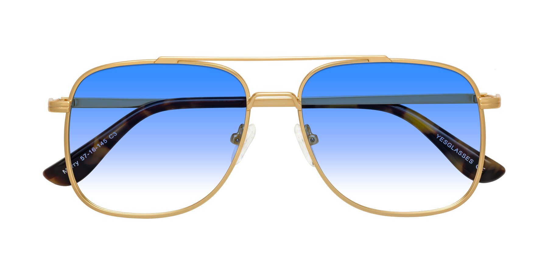 Folded Front of Merry in Matte Gold with Blue Gradient Lenses