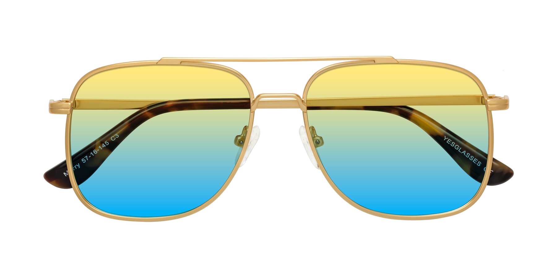 Folded Front of Merry in Matte Gold with Yellow / Blue Gradient Lenses