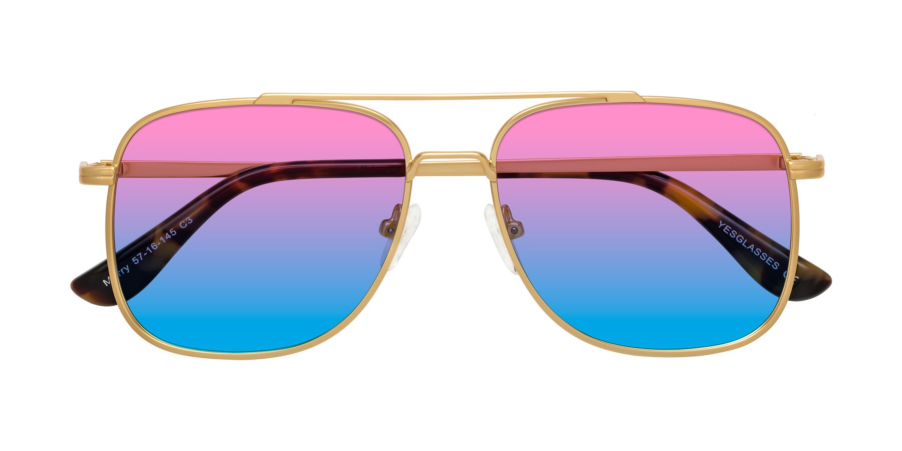 Folded Front of Merry in Matte Gold with Pink / Blue Gradient Lenses