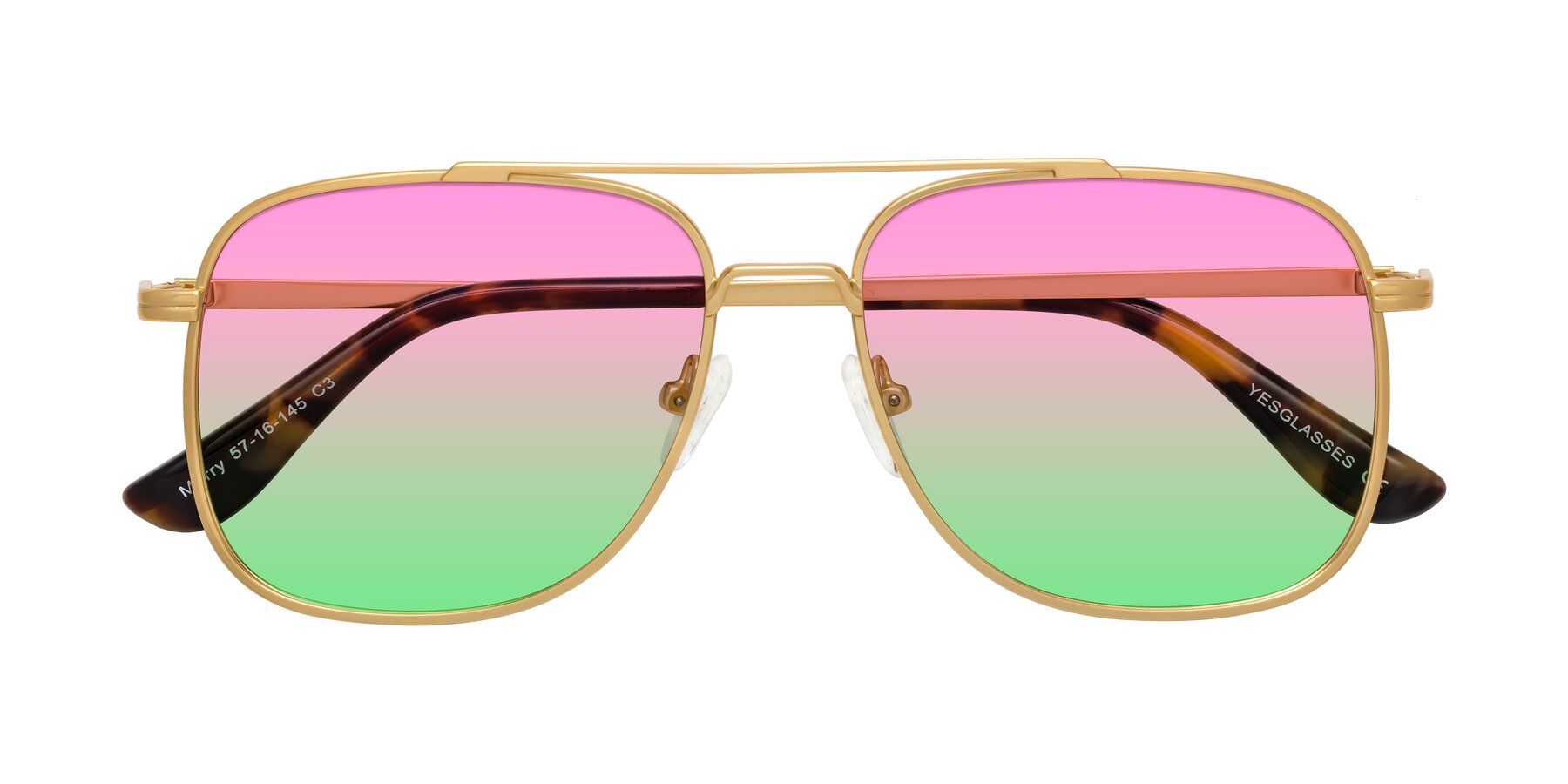 Folded Front of Merry in Matte Gold with Pink / Green Gradient Lenses