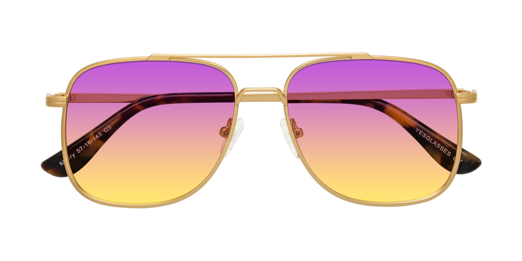 Folded Front of Merry in Matte Gold with Purple / Yellow Gradient Lenses