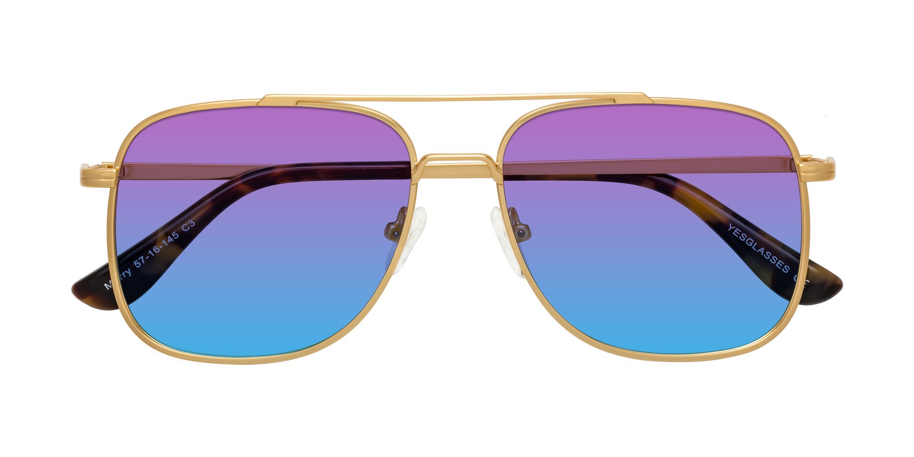 Folded Front of Merry in Matte Gold with Purple / Blue Gradient Lenses