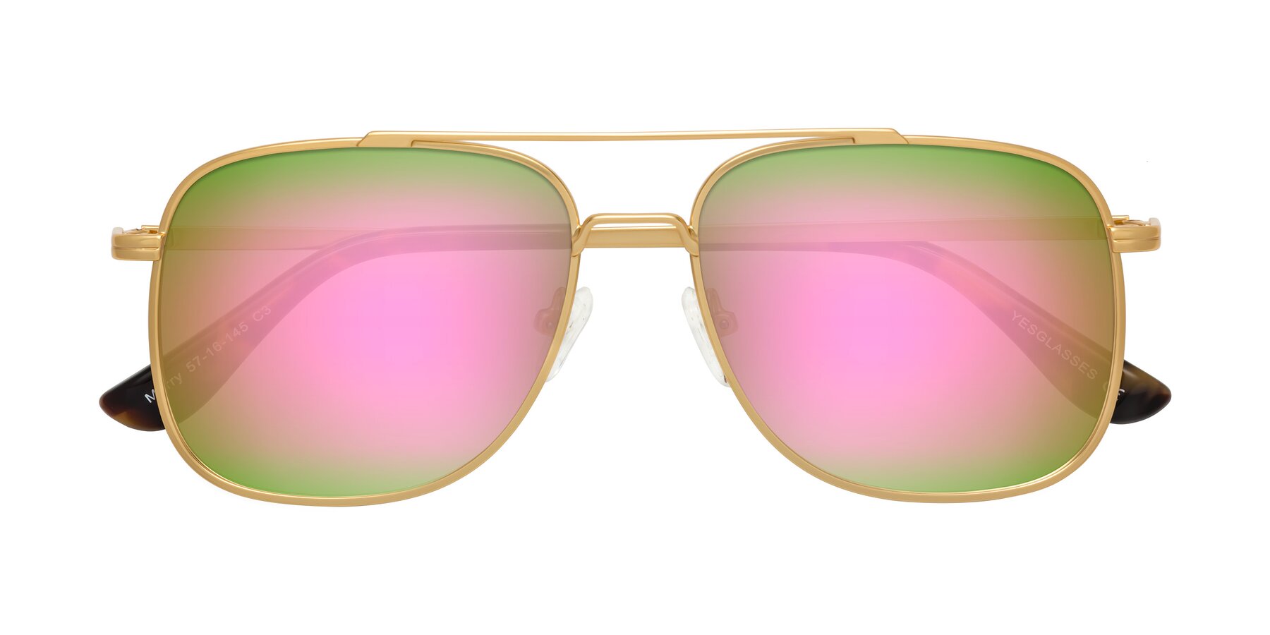 Folded Front of Merry in Matte Gold with Pink Mirrored Lenses