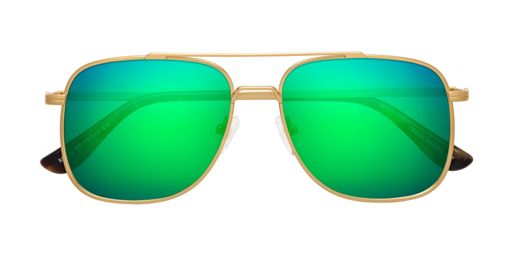 Folded Front of Merry in Matte Gold with Green Mirrored Lenses