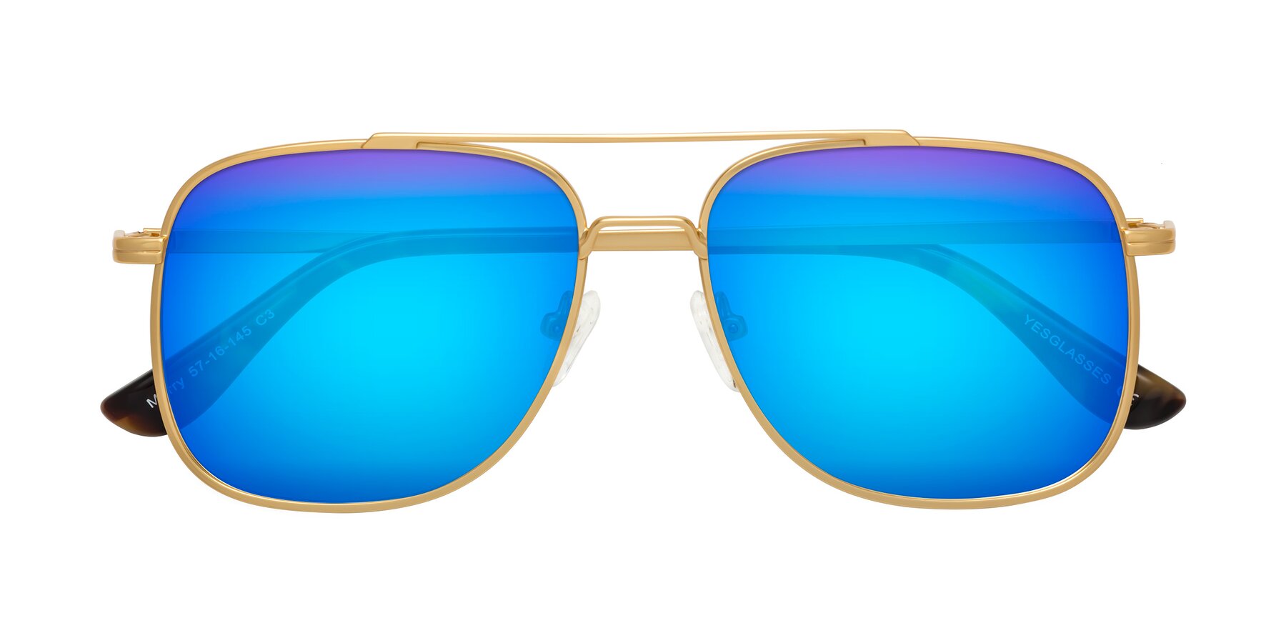 Folded Front of Merry in Matte Gold with Blue Mirrored Lenses