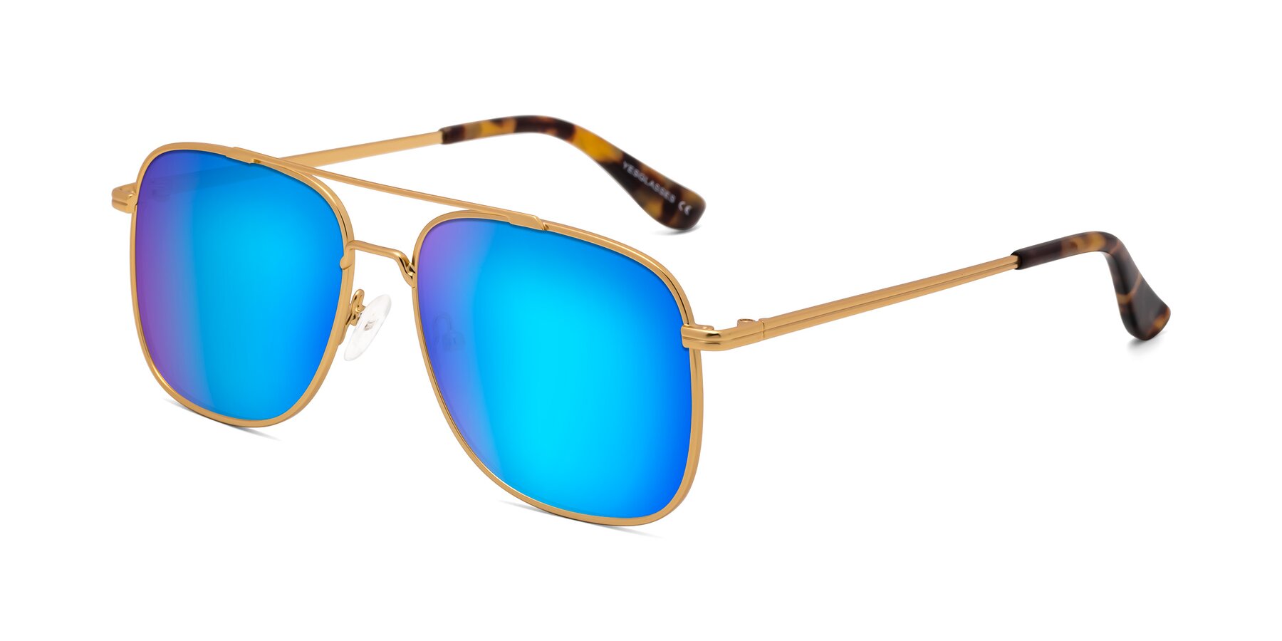 Angle of Merry in Matte Gold with Blue Mirrored Lenses