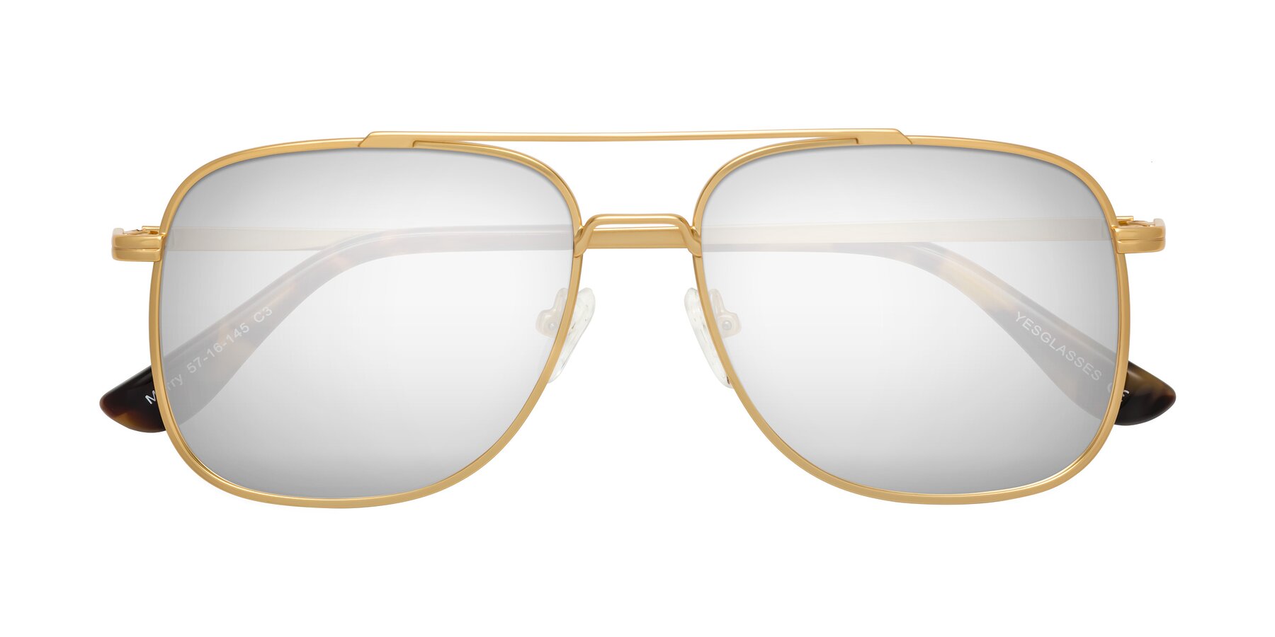 Folded Front of Merry in Matte Gold with Silver Mirrored Lenses