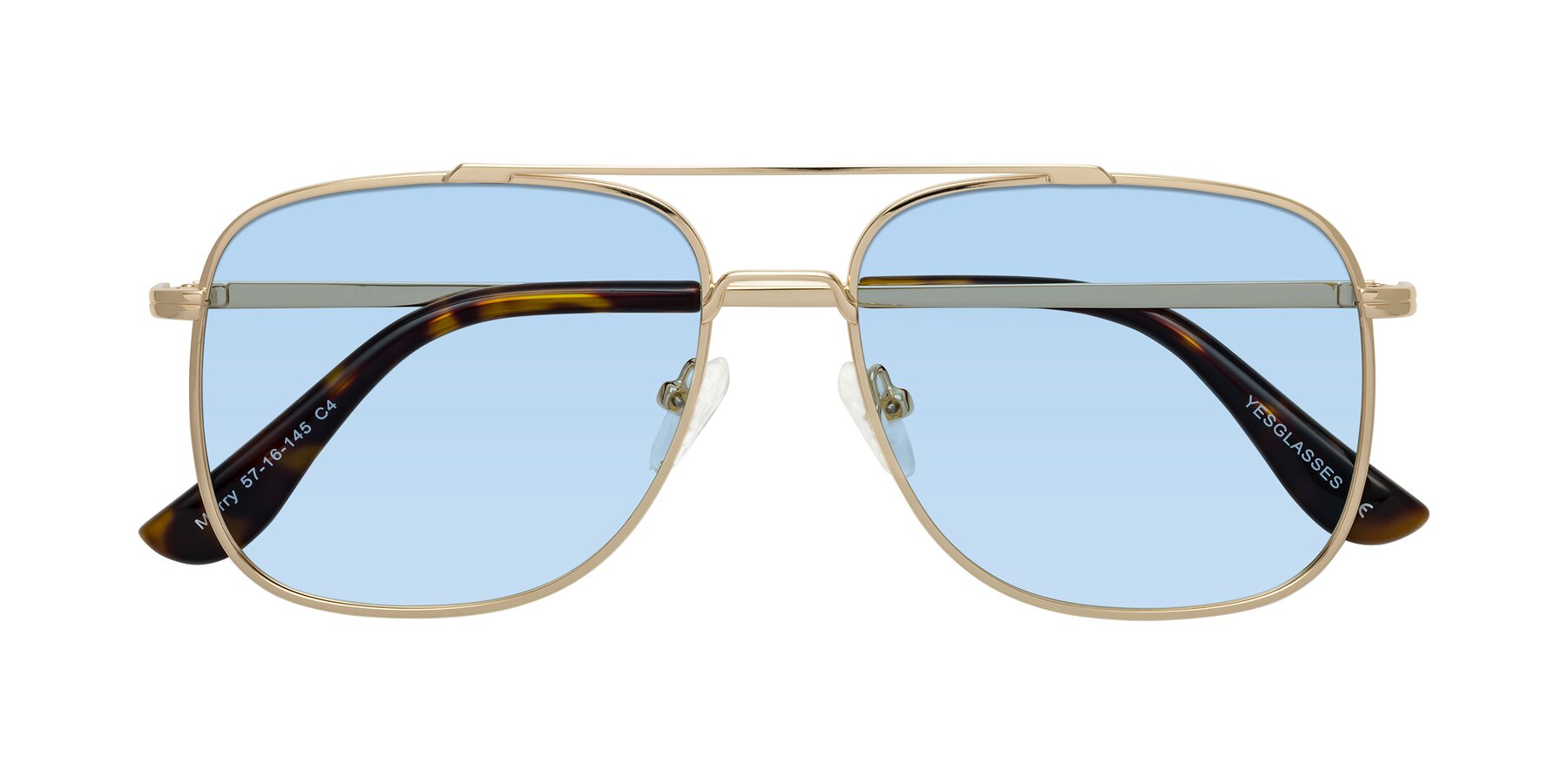 Folded Front of Merry in Gold with Light Blue Tinted Lenses