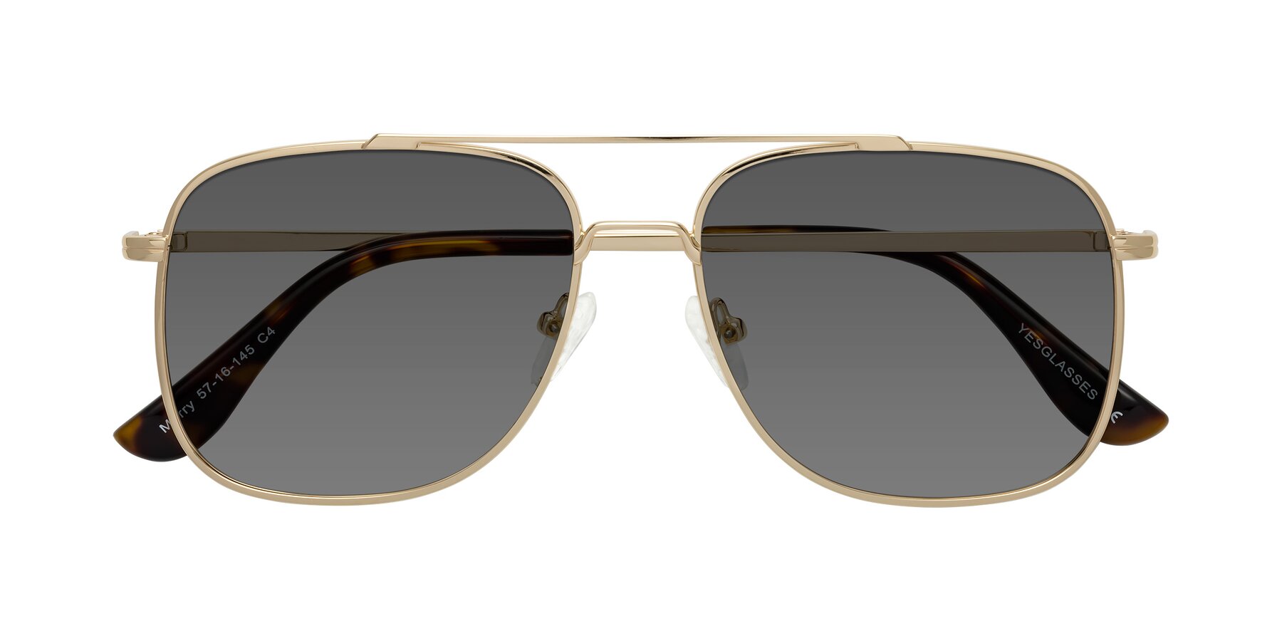 Folded Front of Merry in Gold with Medium Gray Tinted Lenses