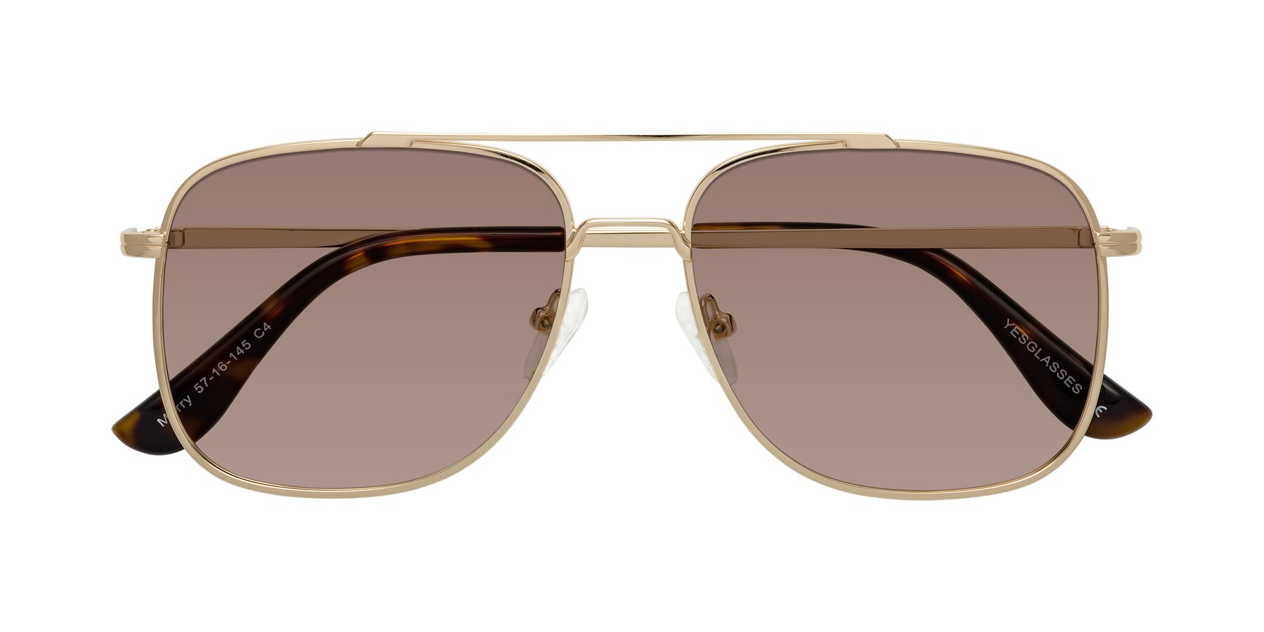 Folded Front of Merry in Gold with Medium Brown Tinted Lenses