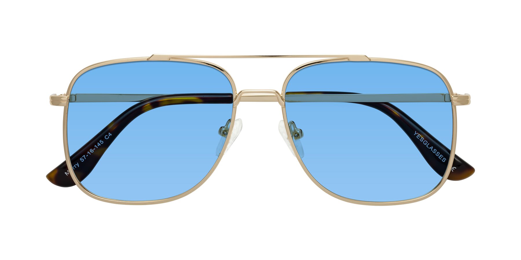 Folded Front of Merry in Gold with Medium Blue Tinted Lenses