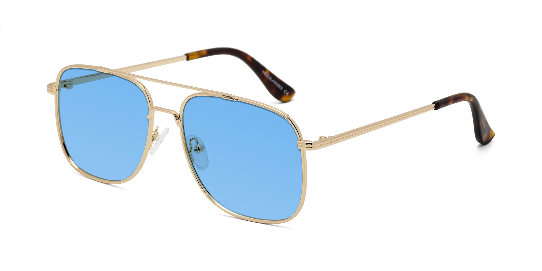 Angle of Merry in Gold with Medium Blue Tinted Lenses